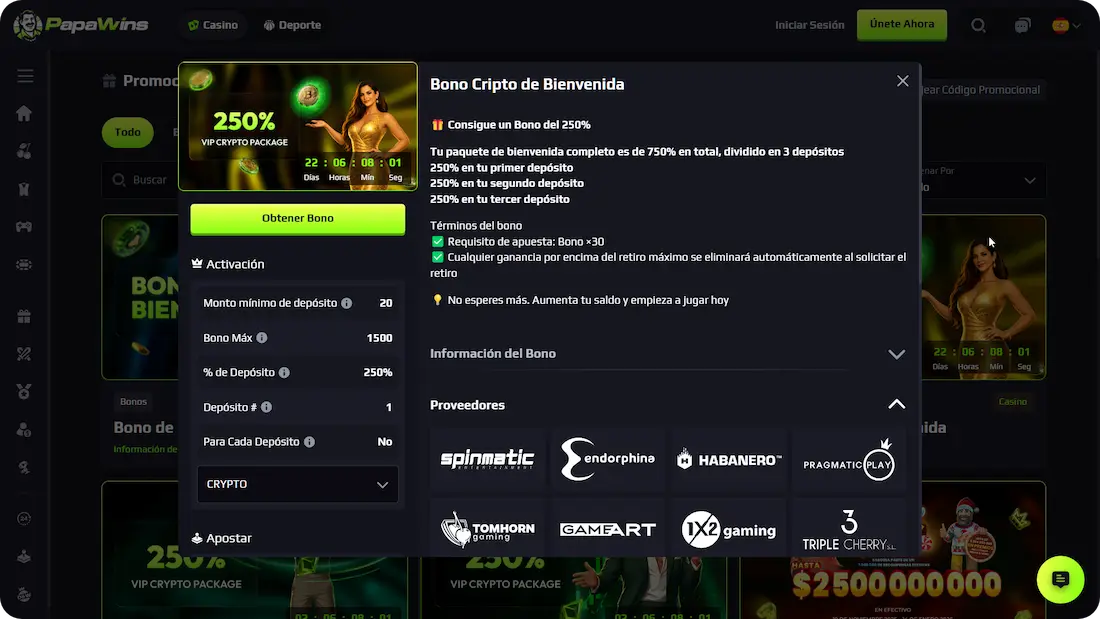 PapaWins Casino Bono de Bienvenida
