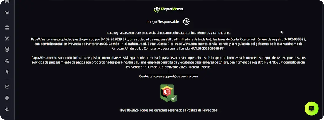 PapaWins Casino Licencia
