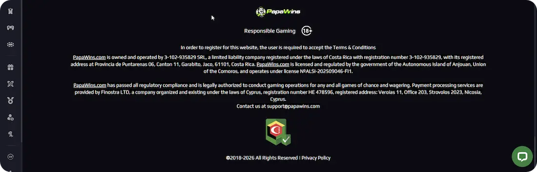 PapaWins Casino license