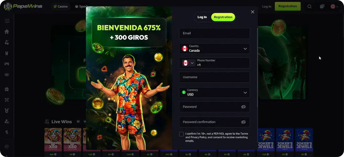 PapaWins Casino Registration