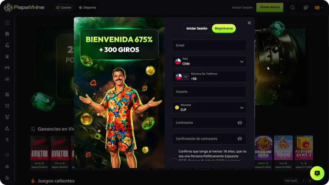 PapaWins Casino Registro