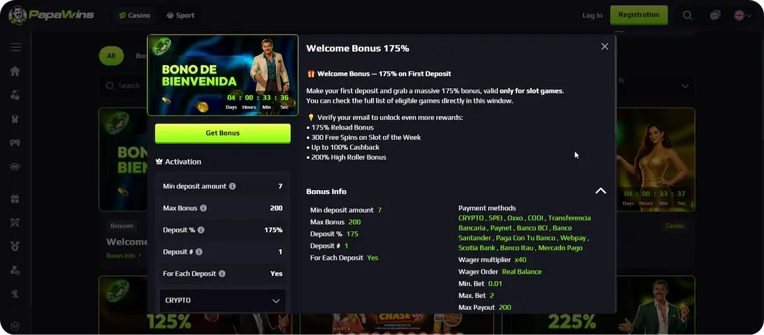 PapaWins Casino Welcome Offer